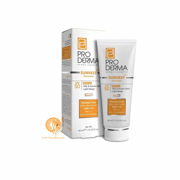 خرید کرم ضد آفتاب رنگی پرودرما فاقد چربی Spf50 (بژ روشن) : Proderma Sunvest SPF50 Sunscreen Cream For Oily & Acneic Skins Tinted 