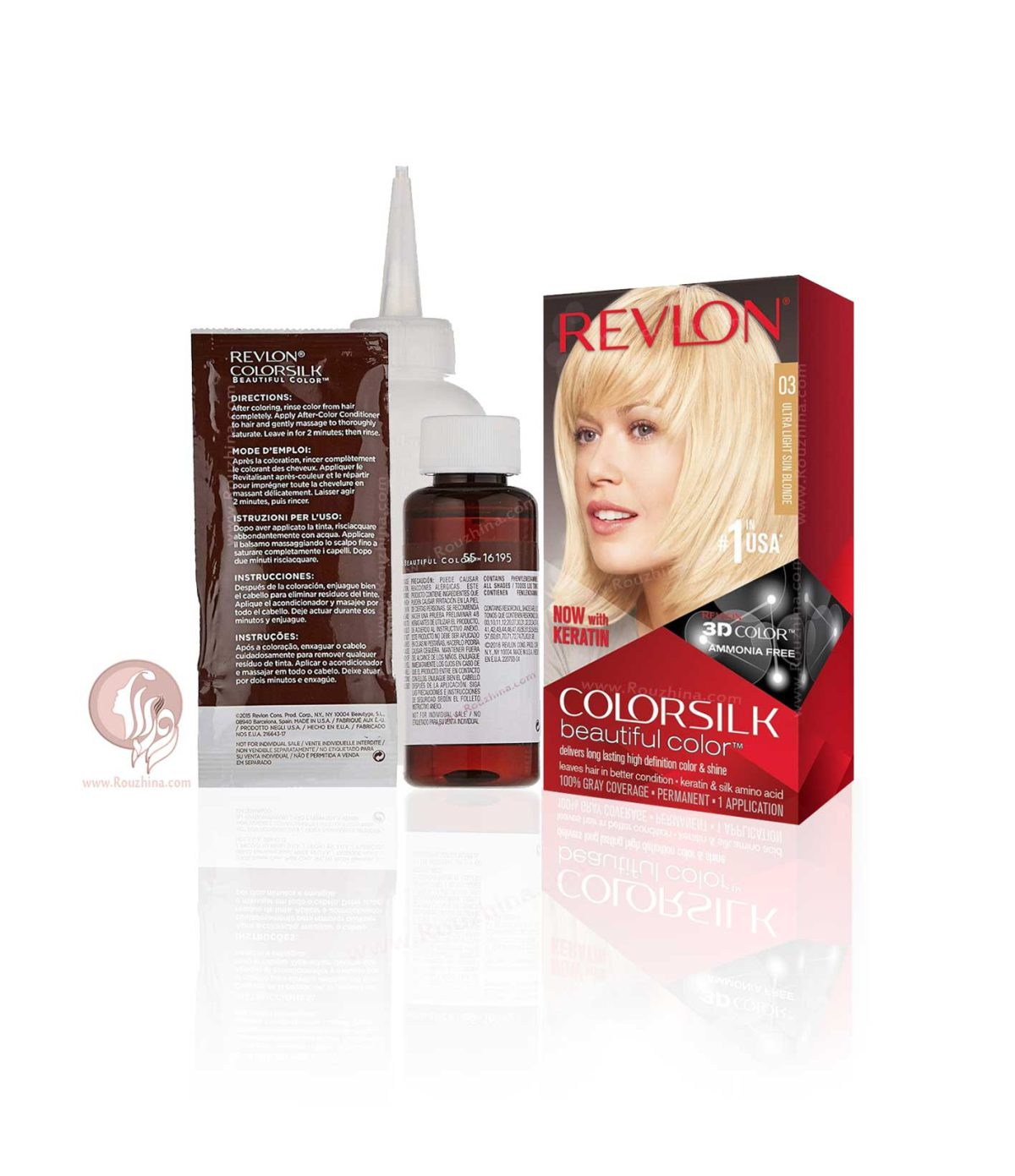 خرید کیت رنگ مو بدون آمونیاک رولون شماره 03 بلوند آفتابی فوق العاده روشن Revlon Colorsilk