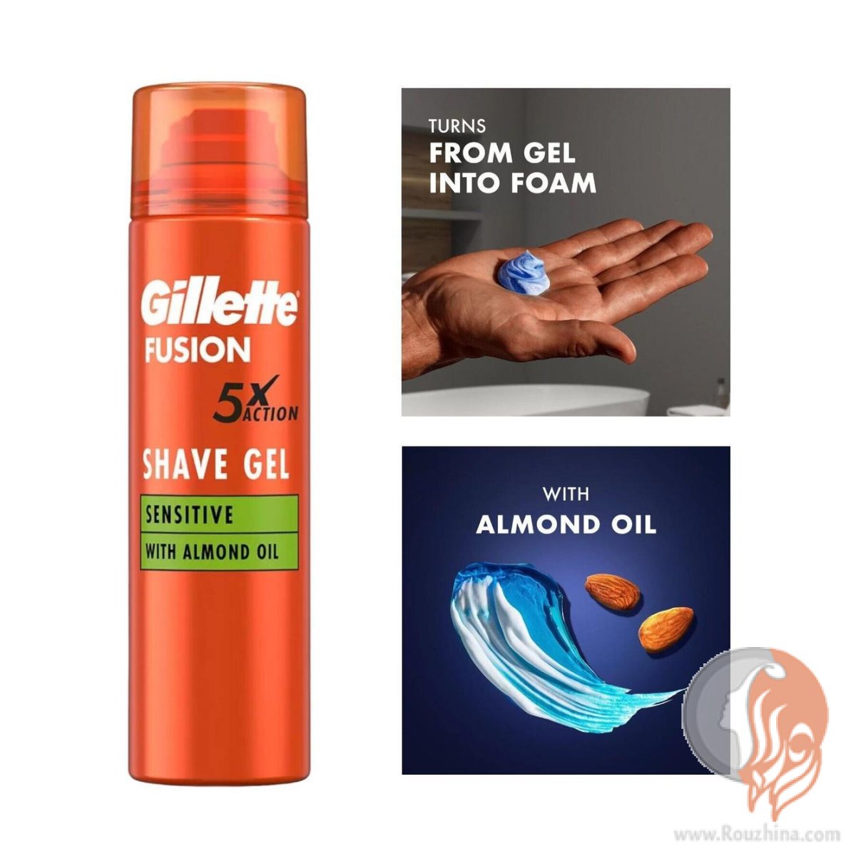 ژل اصلاح فیوژن ژیلت Fusion5 مدل Sensitive 3 ژل اصلاح ژیلت مدل Almond Oil حجم 200 میلی لیتر